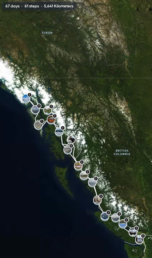 Map of the family's route from Seattle to Alaska with each logged stop
