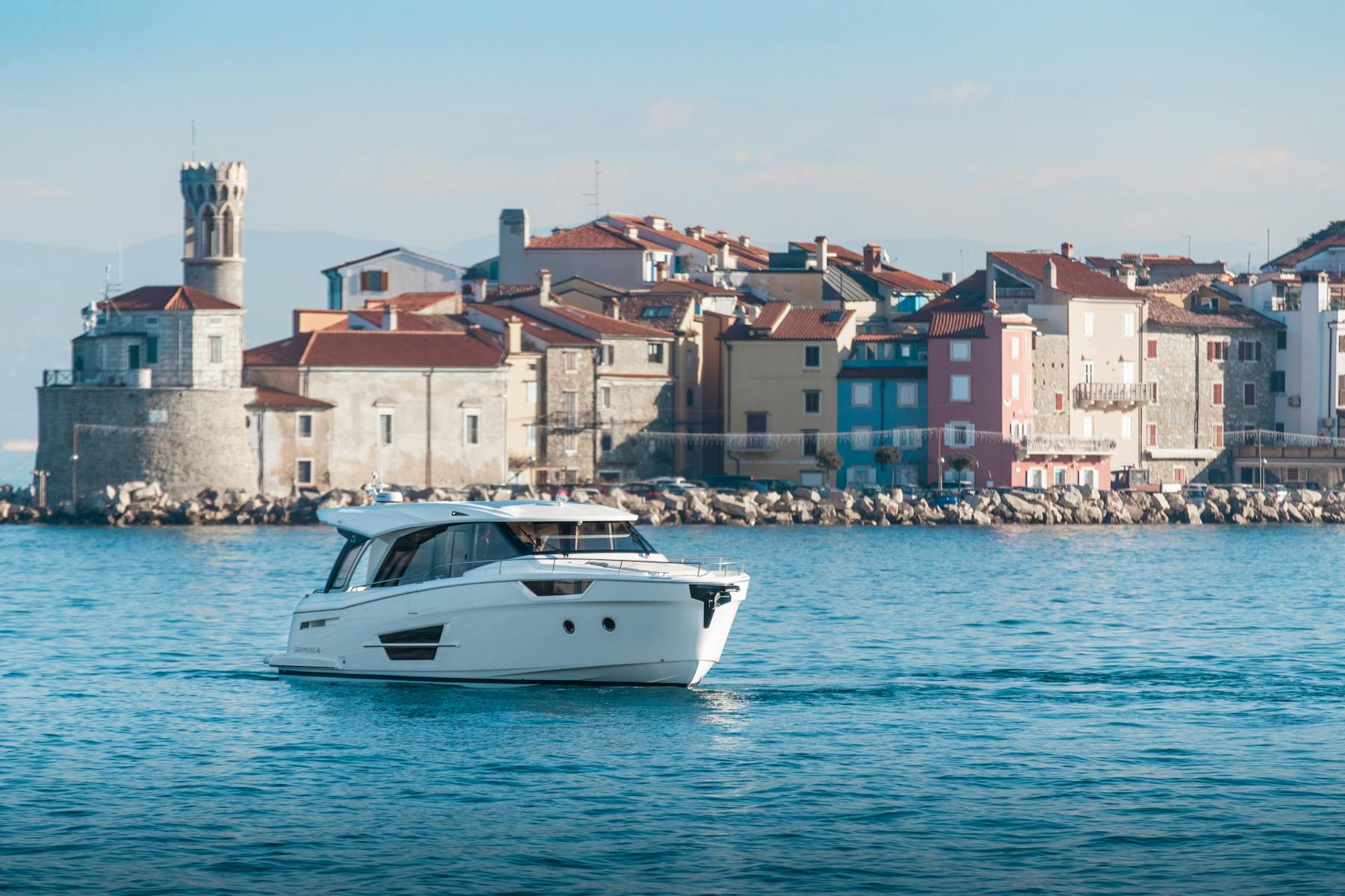Greenline 45 Coupe cruising beside Piran