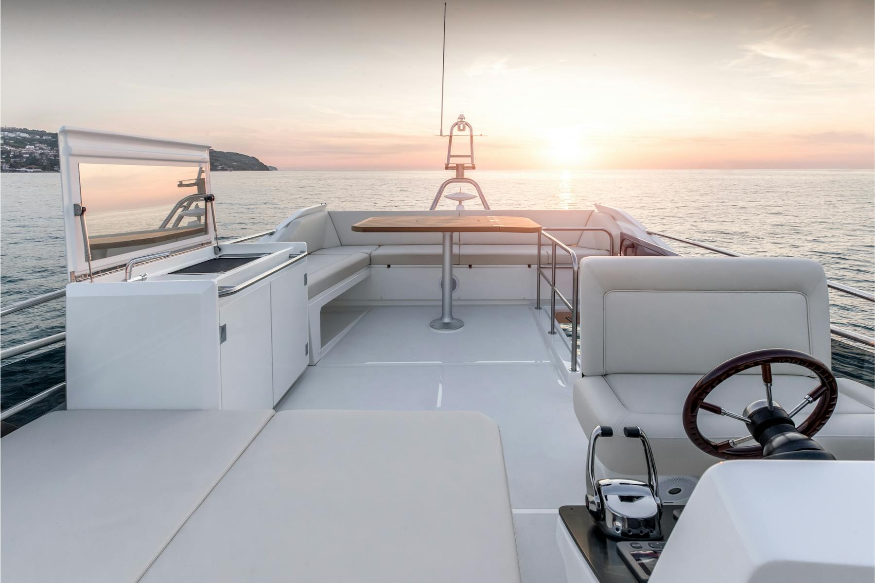 Greenline 45 Fly flybridge seating at sunset