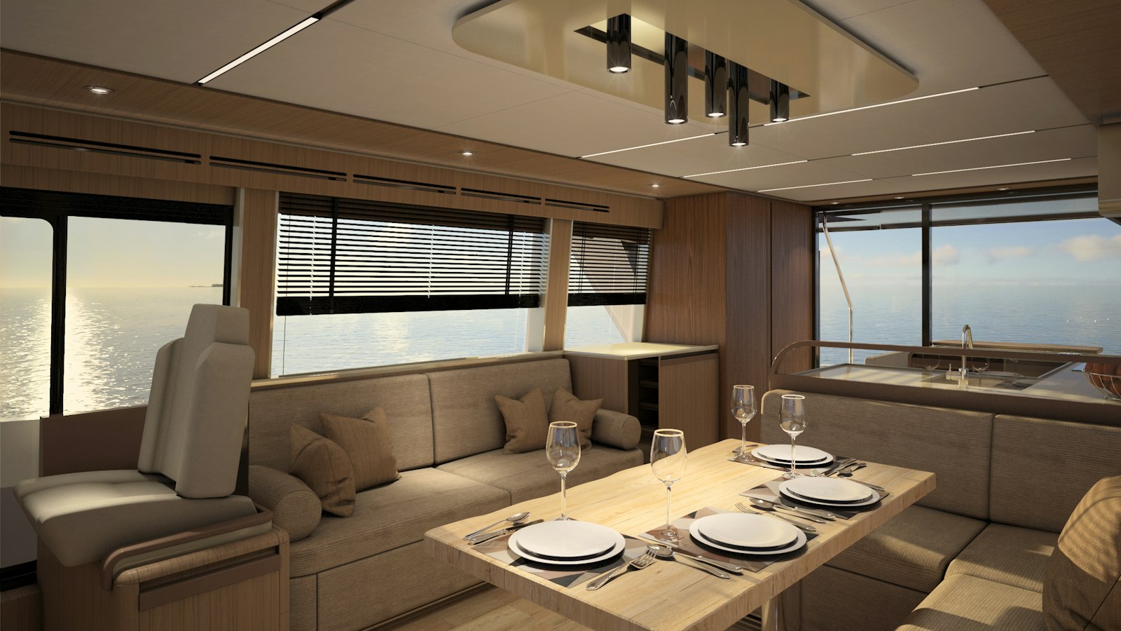 Greenline 58 main salon with dining table and panoramic windows